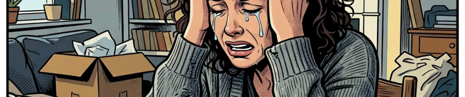 Woman holding her head in distress surrounded by bills and a laptop on the table