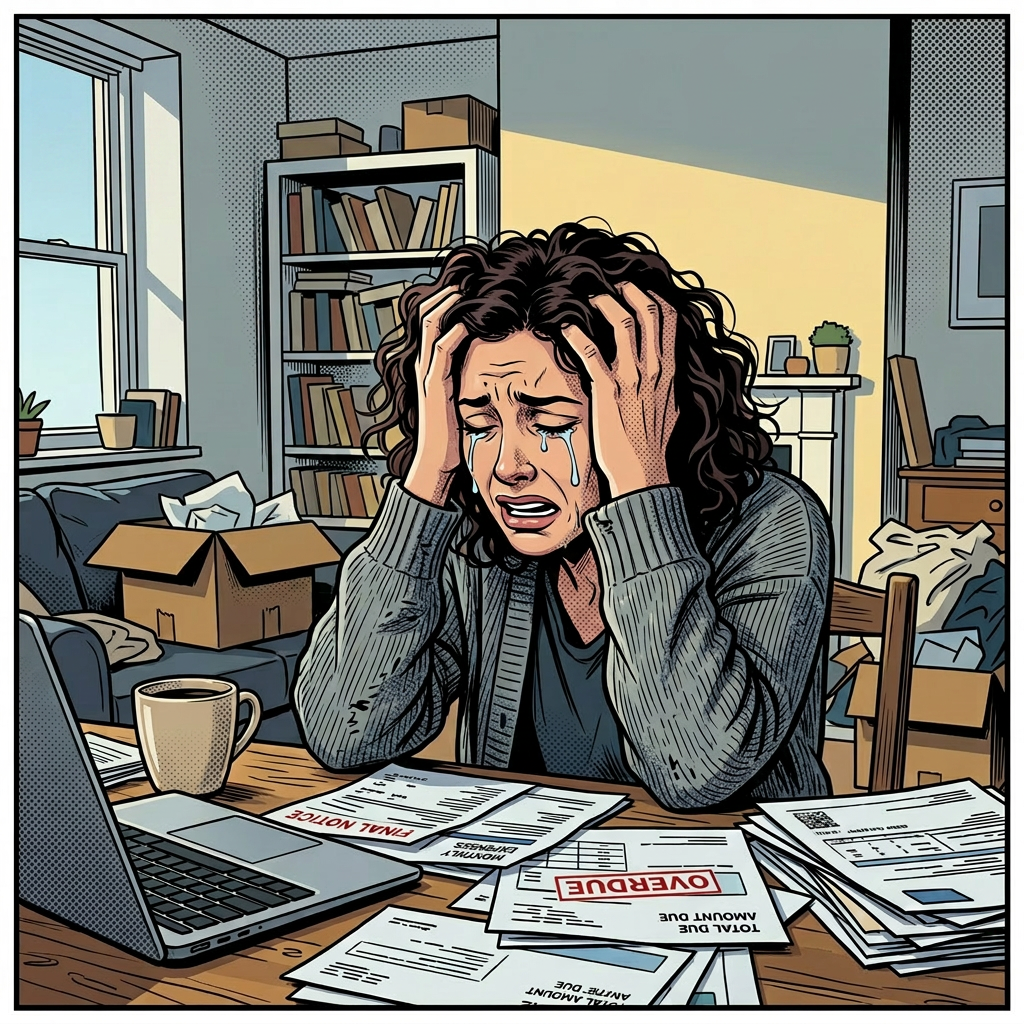 Woman holding her head in distress surrounded by bills and a laptop on the table